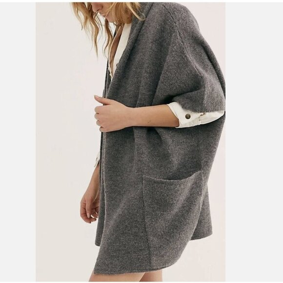 Free People Whistler Collared Shawl Open-Front Sweater Wool Blend Tan Pockets OS - Picture 13 of 14